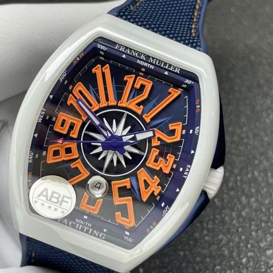 Markante Replica Uhr: Franck Muller Vanguard V45, weiße Keramik, blaues Zifferblatt, orange, arabische Ziffern, ABF 45 mm – Bild 3