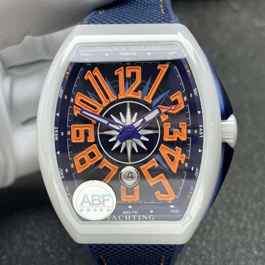 Markante Replica Uhr: Franck Muller Vanguard V45, weiße Keramik, blaues Zifferblatt, orange, arabische Ziffern, ABF 45 mm – Bild 4
