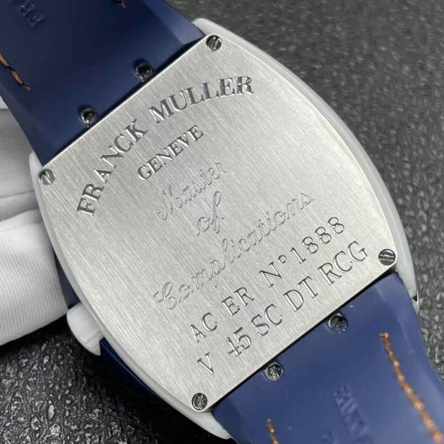 Markante Replica Uhr: Franck Muller Vanguard V45, weiße Keramik, blaues Zifferblatt, orange, arabische Ziffern, ABF 45 mm – Bild 7