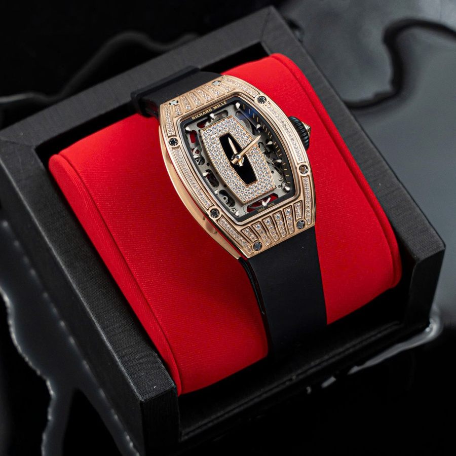 Klassische Replica Uhr: Richard Mille RM 07-01, Roségold, Diamanten, Onyx, Zifferblatt, Kautschukarmband, ZF 45.32 × 32,3 mm – Bild 1
