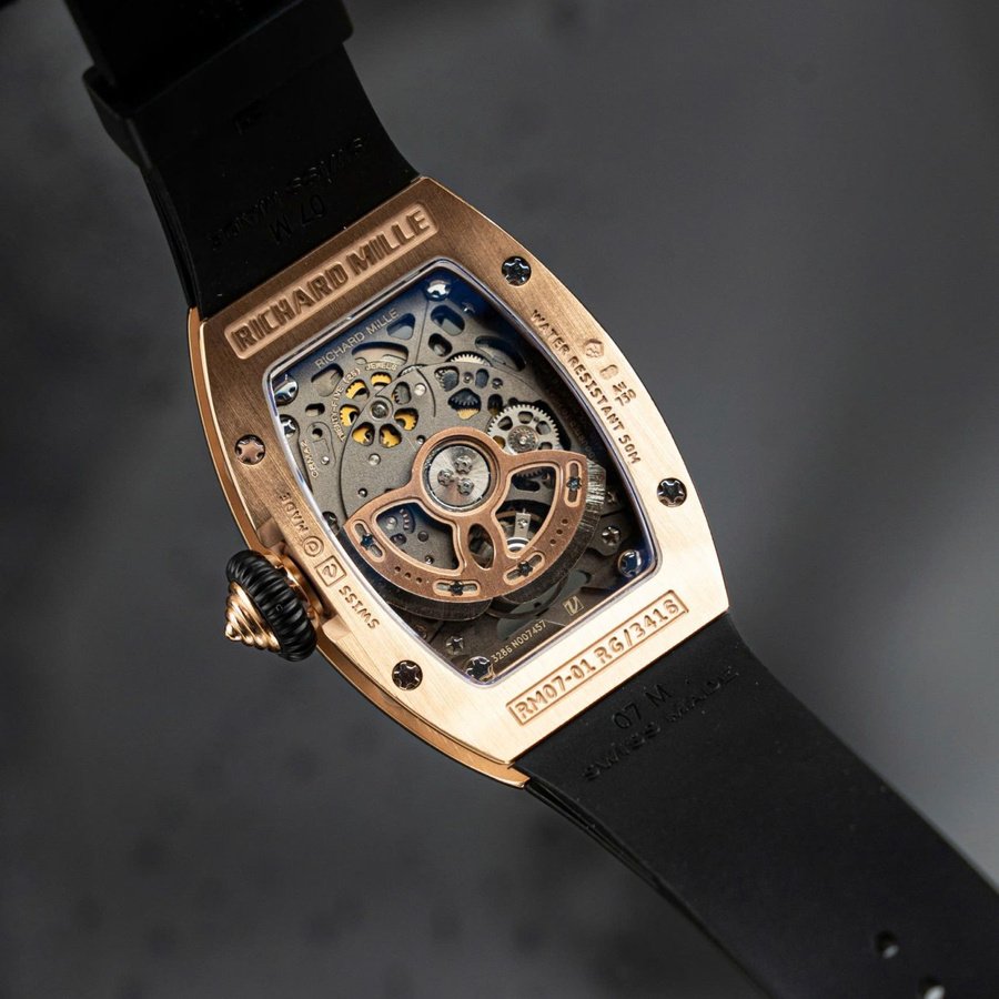 Klassische Replica Uhr: Richard Mille RM 07-01, Roségold, Diamanten, Onyx, Zifferblatt, Kautschukarmband, ZF 45.32 × 32,3 mm – Bild 7