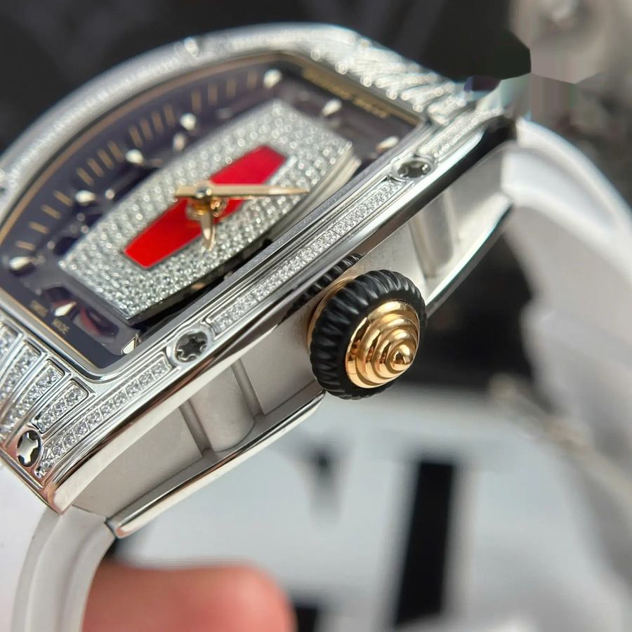 Exklusive Replica Uhr: Richard Mille RM 07-01, weiß, Gehäuse, mit, Zirkoniasteine, rotes Zifferblatt, ZF 45.32 × 32,3 mm – Bild 6