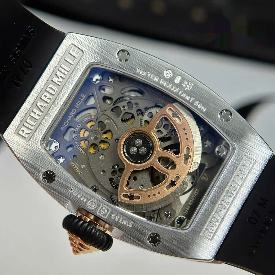 Neu eingetroffene Replica Uhr: Richard Mille RM 07-01, weiß, Gehäuse, mit, Zirkoniasteine, und, schwarz, Onyx, Zifferblatt, ZF 45.32 × 32,3 mm – Bild 9